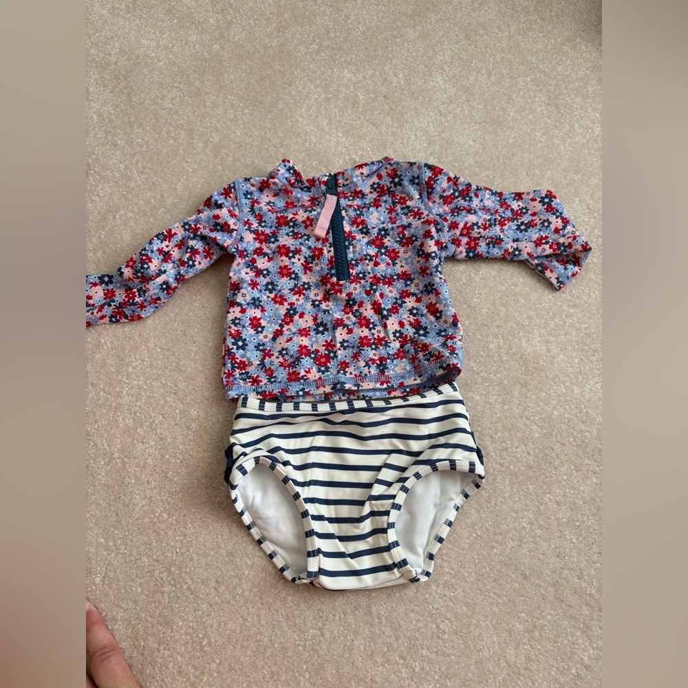 Ruffle Butts Floral Rash Guard Top & Navy Striped Swim Bottoms